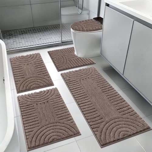 SHACOS Bathroom Rugs Sets 5 Piece Ultra Soft Absorbent Microfiber | Bath Mat with Bath Runner, U Shape Contour Rug, Toilet Lid Cover, Non Slip Machine Washable Carpet for Bedroom, Coffee - color: Coffee