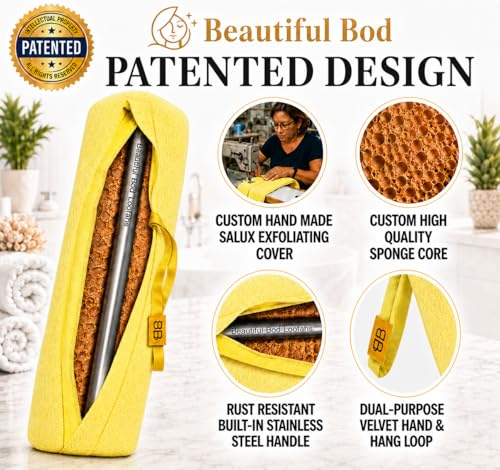 Back Scrubber for Shower - Beautiful Bod Patented 13-Inch Exfoliating Loofah with Built-in Handle, Easily Reaches Entire Back, Full Body Shower Scrubber for Back Washing, Exfoliation & Skin Smoothing - color: Sunshine Yellow