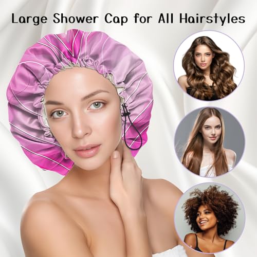 Luxury Shower Cap Silk Satin Lined Waterproof Reusable Adjustable Elastic Dry Hair Bathing Caps Cute for Women Girls-Heart - color: C-8-Heart