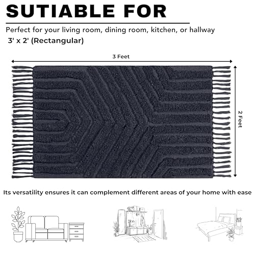Boho Bathroom Rug 2' x 3', Washable Hand-Woven Tufted Cotton Rug with Tassels for Entryway 24x36 inch, Foyer, Bedroom, or Kitchen - Dark Grey - color: Dk Grey, size: 2' x 3' (Rectangular)