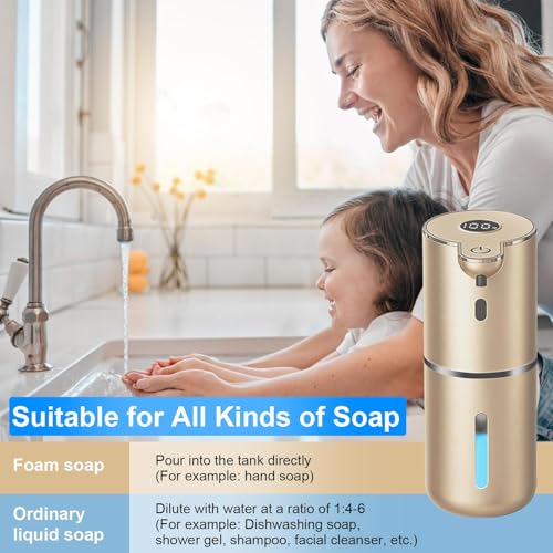 OHIFAST Automatic Foaming Soap Dispenser Touchless, USB Rechargeable Smart Hand Soap Dispenser, 6-Level Adjustable, 12.8oz/380mL Wall Mounted for Bathroom Kitchen Dish Soap-Gold - color: Gold, style: Foam