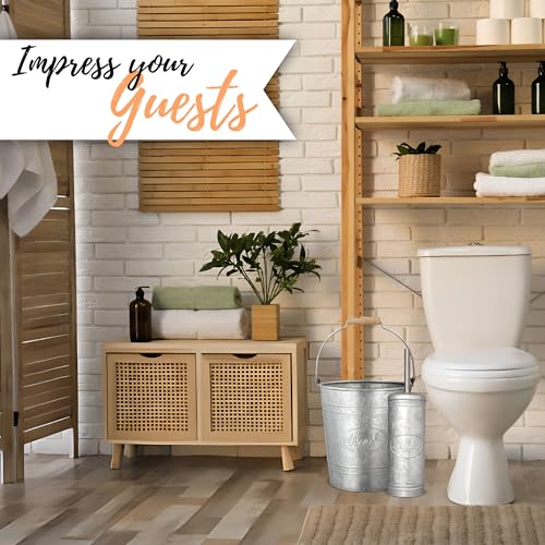 Autumn Alley Rustic Farmhouse Trash Can and Toilet Brush Holder Set - Galvanized Bathroom Trash Can with Matching Toilet Brush, Rustic Farmhouse Bathroom Decor, Grey, 2 Gal. - color: Galvanized, Grey