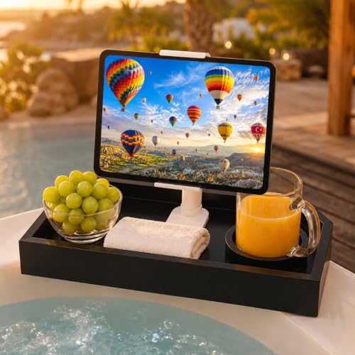 Vespara Bamboo Hot Tub Table with Adjustable Phone Holder, Non Slip Hot Tub Table Spa Gifts for Women, Bathtub Canddy Tray with Wine Glass Holder Tray for Luxury Bathtub& Bathroom Accessories Black - color: Black