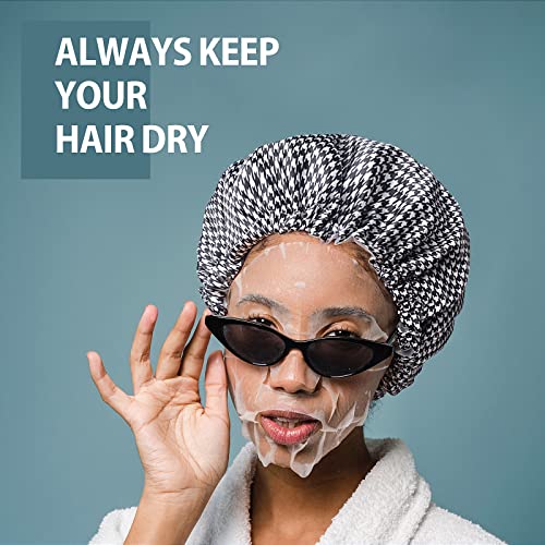 Fishent Extra Large Shower Caps for Women and Girls, Reusable Waterproof Washable Shower Cap for Long Hair, Super Cute and Adjustable for Spa Home Salon Use - color: Houndstooth, size: X-Large