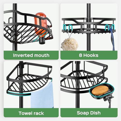 HAMITOR Shower Caddy Tension Pole: Rustproof Quick Install Corner Bathroom Organizer Shelf on Floor for Renters - 4-Tier Large Capacity Storage Rack with Soap Holder for Apartment -47-121 Inch/Black - color: Black