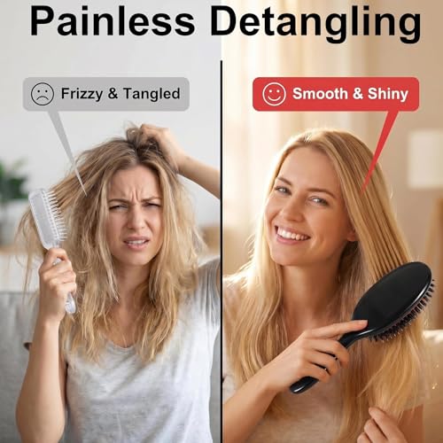 Boar Bristle Hair Brush for Women Men Painless Detangling Paddle Brush for Curly Fine Tangled Hair, Anti-frizz Boar Nylon Bristle Cushioned Brush, Includes Cleaning Tool