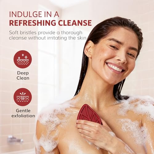 Sndyi Silicone Body Scrubber, Gentle Exfoliating Body Scrubber for Sensitive Skin, Leaf Shaped Shower Scrubber for Body with Lathering Bristles, Silicone Loofah Body Brush for Showering, Red - color: Red
