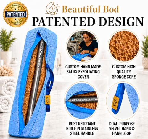 Back Scrubber for Shower - Beautiful Bod Patented 13-Inch Exfoliating Loofah with Built-in Handle, Easily Reaches Entire Back, Full Body Shower Scrubber for Back Washing, Exfoliation & Skin Smoothing - color: Ocean Blue