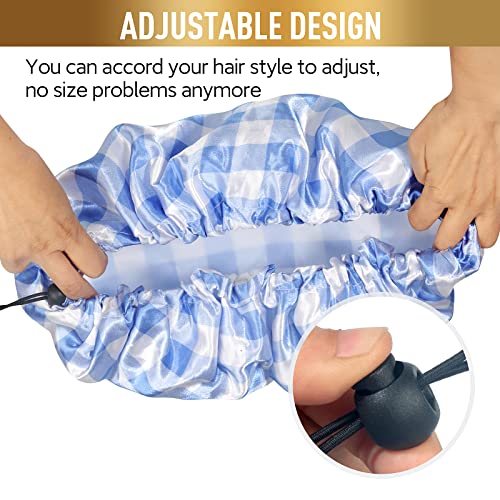 Shower Cap for Women Reusable Waterproof, Double Waterproof Layers Large Shower Cap, Plastic Shower Caps with PEVA Lining Bathing Cap Adjustable Elastic Band Hair Cap for Shower - color: Blue Plaids, size: X-Large
