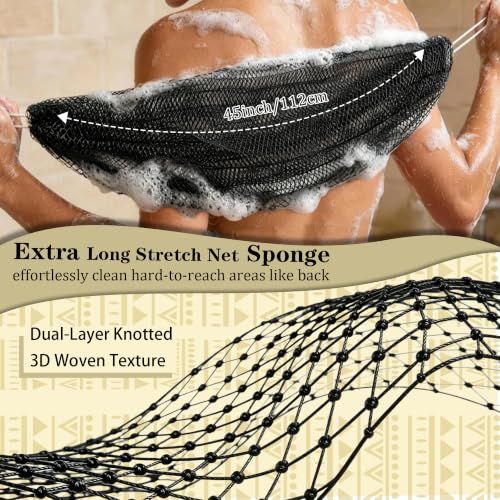 2Pcs African Net Sponge Authentic, Gentle Cleansing African Exfoliating Net Sponge Shower Loofah Sponge for All Skin Types, Back Scrubber for Shower Body Scrubber (Black & Champagne) - color: Black & Champagne
