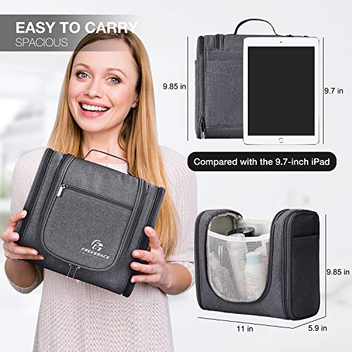 Freegrace Extra Large Hanging Toiletry Bag for Men and Women - Water-Resistant Nylon Travel Bathroom Organizer for Cosmetics, Makeup, and Toiletries - color: Dark Grey