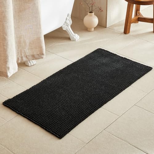 TYUU Black Bathroom Rug, Waffle Bath Mat Non Slip Washable Super Absorbent Quick Dry Boho Farmhouse Bathroom Decor, 48"x24" Black - color: Black, size: 2' X 4' (Rectangular)
