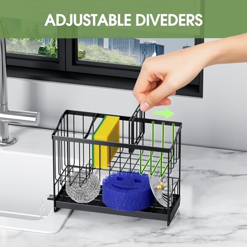 Kitchen Sink Caddy, 2-Tier Self-Draining Sponge & Dish Brush Holder, Rustproof 304 Stainless Steel Space-Saving Organizer with Drying Tray, Black