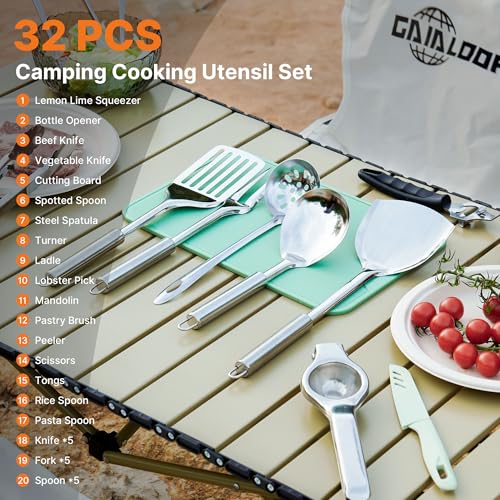 Gaialoop Portable Camping Cooking Utensils Set, Camp Kitchen Set with Organizer Bag, RV Essentials Outdoor Cooking Utensil Kit for Travel, Picnics, Camping, BBQs, Parties - style: 32pcs