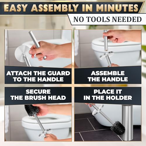 Stainless Steel Toilet Brush and Holder Set, Splash Guard (Silver) | Toilet Bowl Brush and Holder, Removable Inner Bowl, Dense Bristles, Long Handle, Scratch Resistant, for Modern Bathrooms - color: Silver