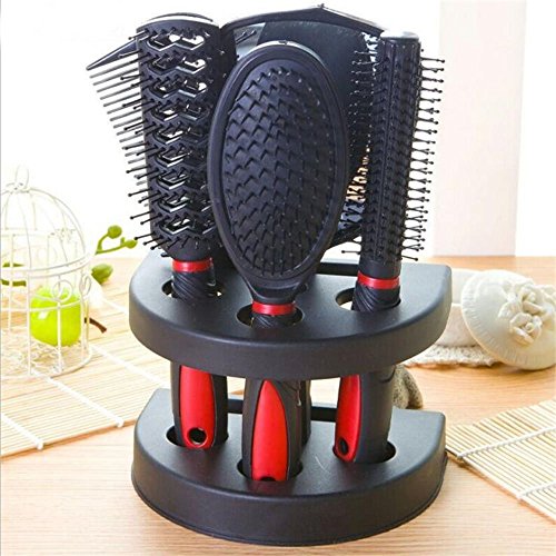 Set of 5 Hair Combs Set Professional Salon Hair Cutting Brushes Sets Salon Hairdressing Styling Tool Mirror And Holder Stand Set Dressing Comb Kits for - color: Red