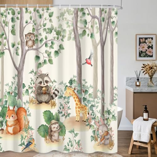 Fabric Shower Curtain with Hooks YJY01568 - color: Cute Forest Critters