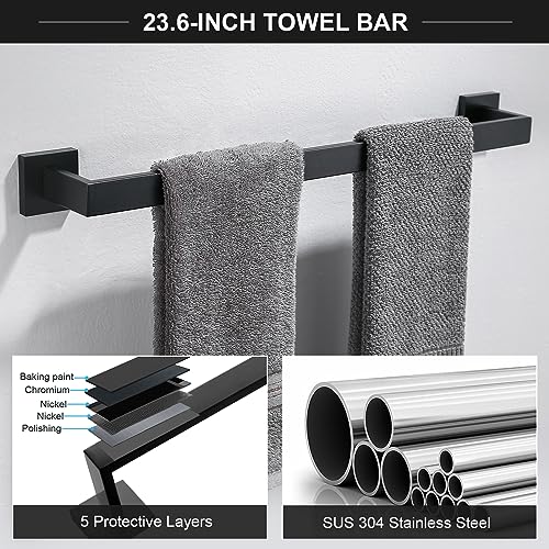 TQKAG 6-Piece Bathroom Towel Bar Sets Matte Black 23.6 inch Towel Bar Stainless Steel Towel Ring Coat Hook and Toilet Paper Holder Bathroom Hardware Set Wall Mounted Bathroom Accessories Kit - color: Matte Black, size: 6-Pieces Set-A