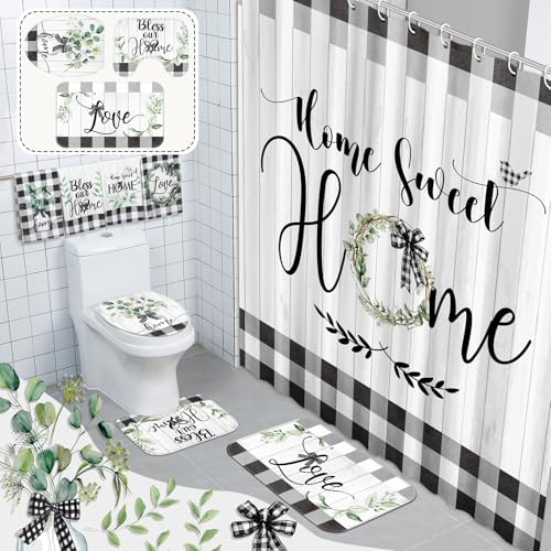 FuWeave 8 Pcs Black and White Shower Curtain Sets for Home Bathroom Green Eucalyptus Decor Rustic Plaid Bathroom Accessories Shower Curtain Sets with Towels Carpet Bath Mat Toilet Rugs and 12 Hooks - color: Home