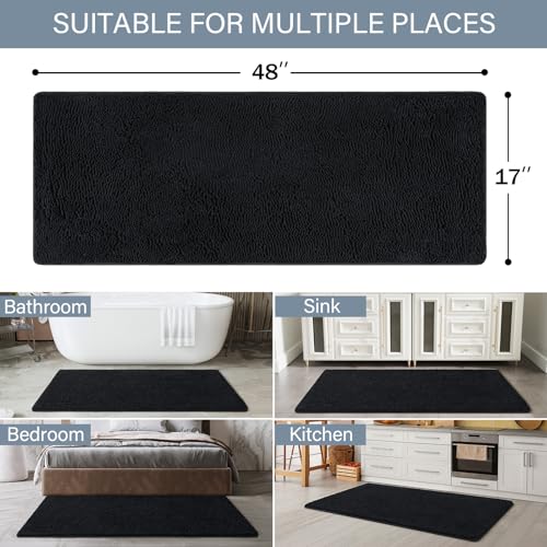LOCHAS Luxury Bathroom Rug Shaggy Bath Mat 48 x 17 Inch, Washable Non Slip Bath Rugs for Bathroom Shower, Soft Plush Chenille Absorbent Carpets Mats, Black - color: Black, size: 1'5" X 4' (17''x48'')