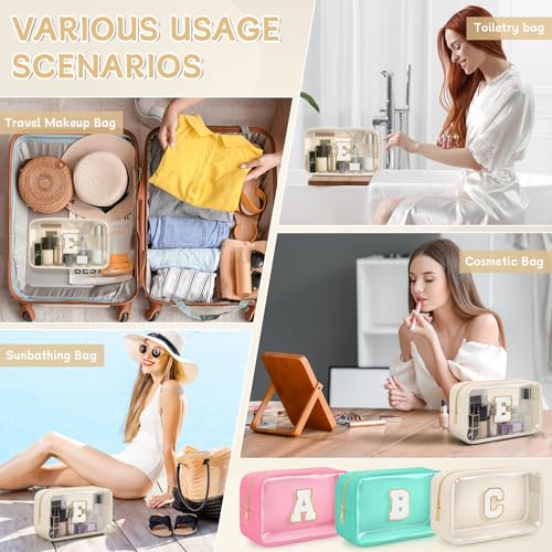 Initial Clear Makeup Bag, Birthday Gift Preppy Chenille Patch Cosmetic Bag, Initial Travel Essentials Beach Toiletry Pouch, Ideal Gift for Teachers & Moms, Women and Girls (Beige, E) - color: Beige, style: E
