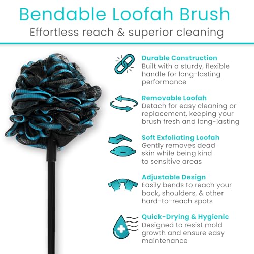 Vive Bendable Loofah on a Stick with Long Handle - Body Exfoliator Luffa & Long Handled Sponge - Back Scrubber & Bath Brush Lufa for Shower, Women, Men, Elderly - Handheld Loofa & Wall Hook Included