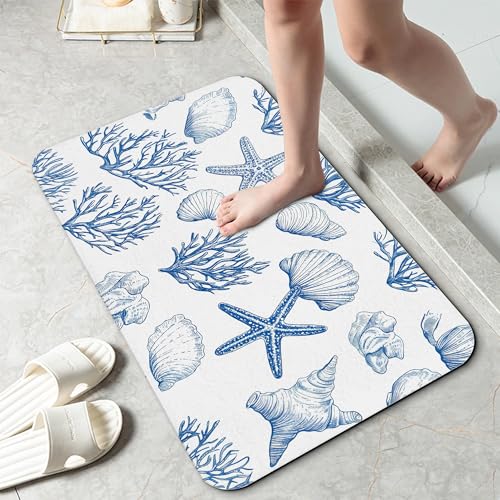 Vintage Starfish Bathroom Rug 29.5"x17", Shells Quick-Drying Super Absorbent Diatomite Bath Mat with Non-Slip Backing, Thin Washable Bathroom Floor Mat Fits Under Door for Shower, Sink, or Tub - color: Vintage Starfish Shells