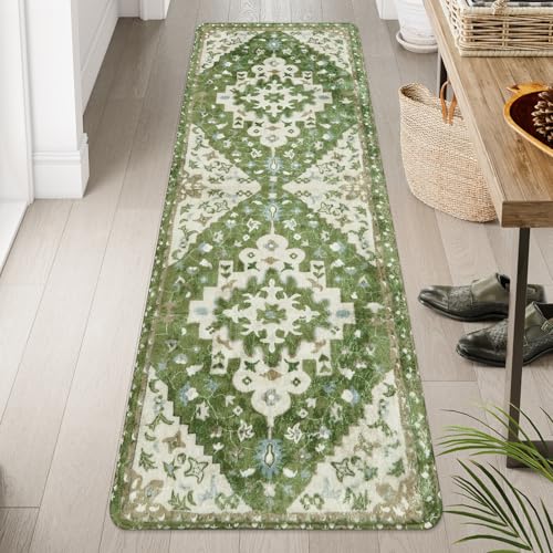 Uphome Vintage Bathroom Runner Rug Sage Green Boho Non-Slip Kitchen Runner Oriental Soft Machine Washable Hallway Rug Tribal Floral Aesthetic Shower Mat for Bedroom Entryway Kids Room, 24x71 inch - color: Sage Green, size: 24x71 inch