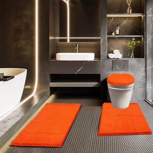 Bathroom Rugs Sets 3 Piece with Adjustable Toilet Seat Cover 17.5"x 15" Machine Washable Bath Rug Set with TPR Non Slip Rubber Backing Solid Bath Mat Set for Luxury Bathroom Decoration - color: Orange