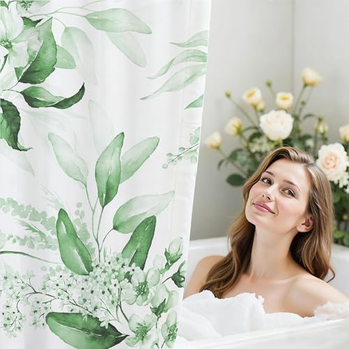 16 Pcs Sage Green Floral Shower Curtain Set with Rugs, Flower Bath Curtains and High Absorbent Non-Slip Mats, Thick 120GSM Fabric Curtain with 12 Metal Hooks (72x72 Inch) - color: Flower A-green