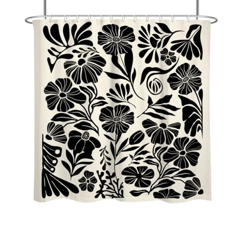 Black Floral Shower Curtain Standard Boho Flower Farmhouse Vintage Gothic Abstarct Retro Whimsical Aesthetic Funky Botanical Art Fabric Cloth Bathroom Decor Set 72x72 Inch Polyester 12 Hooks - color: Black, size: 72"W x 72"L (Pack of 1)