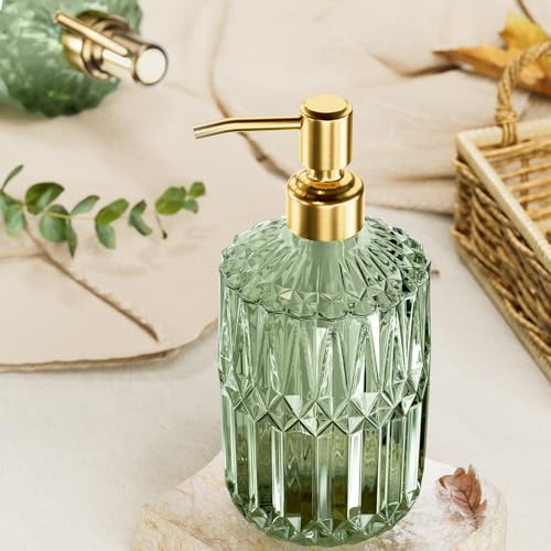 AmazerBath Soap Dispenser Green Glass Soap Dispenser with Pump Stainless Steel, 14.2OZ Luxury Gold Hand Soap Dispensers Bottles Bathroom, Refillable Kitchen Soap Dispenser for Dish Soap, 1 Pack - color: Green & Gold - 1 Pack