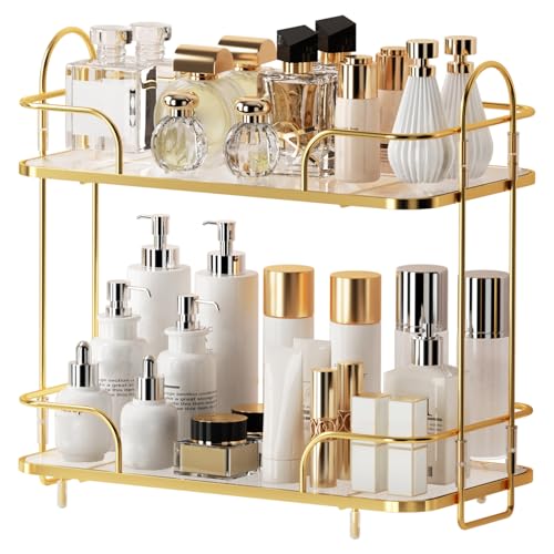 2 Tier Corner Bathroom Counter Organizer, Cosmetic Skincare Organizer, Bathroom Countertop Perfume Tray Vanity Organizer, Kitchen Spice Corner Storage Shelf | Cosmetic Skincare Organizer - color: Gold