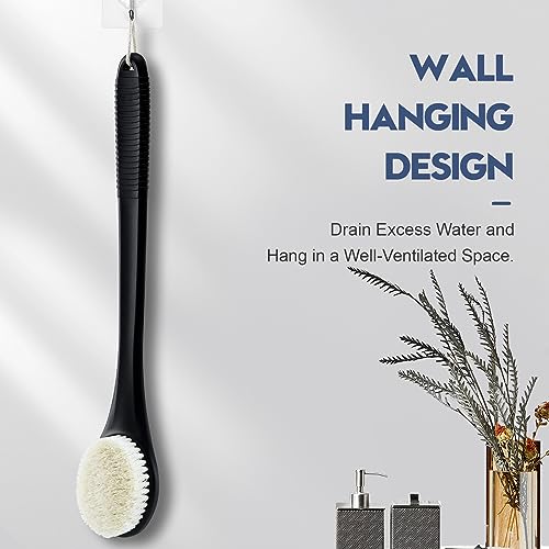 Back Scrubber for Shower, Shower Body Brush for Cleaning with Long Handle for Showering, 17 Inch Back Washer Exfoliator for Shower Men Women with Non-Slip Handle, Adhesive Hook (Black) - size: Black - Artificial Bristles