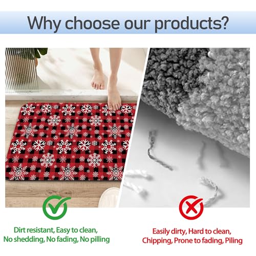 Christmas Plaid Snowflakes Bathroom Mat, Non-Slip Rubber Backing Thin Low-Profile Bath Rug, Easy-Clean Bathroom Floor Mat for Shower, Bathtub, Kitchen, or Entryway - color: Christmas Plaid Snowflakes