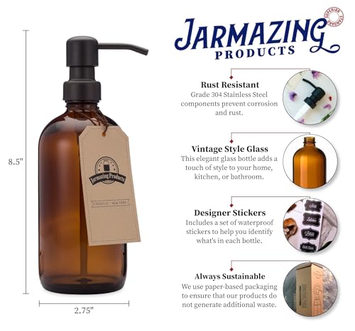 Amber Glass Jar Soap and Lotion Dispenser with Matte Black Pump - 16 oz - by Jarmazing Products - color: Amber/Black 16oz, size: Pack of 1