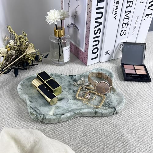 WneFu Choiziic Natural Decorative Tray, Cloud Shape, 9.8x6.1x0.62 Inches, Modern Style, Polished Finish, Bathroom Kitchen Counter Vanity Organizer with Anti-Slip Mad (Green-Marble-P) - color: Gree-marble-gloss）