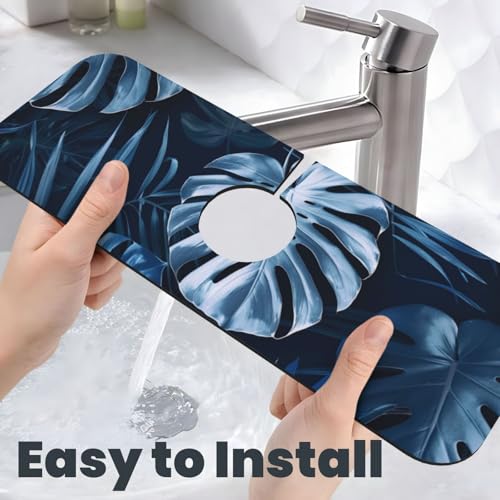 Kitchen Sink Splash Guard Faucet Mat, Monstera Leaves Navy Blue Diatom Mud Absorbent Draining Mat For Kitchen Sink Bathroom - color: Monstera Leaves Navy Blue, size: One Size