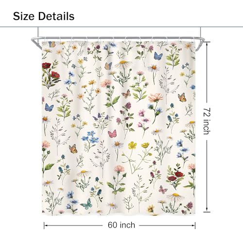 Vintage Floral Shower Curtain 60Wx72L Inch Boho Beige Flowers Colorful Wildflowers Rustic Plants Botanical Herbs Butterfly Girls Bathroom Set Spring Bath Curtain Bathtub Accessories Home Decor - color: D 01 Beige, size: 60"W x 72"L (Pack of 1)