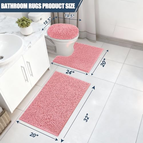 Bathroom Rugs Sets 3 Piece with Adjustable Toilet Seat Cover 19.5"x 18.5" Machine Washable Bath Rug Set with TPR Non Slip Rubber Backing Solid Bath Mat Set for Luxury Bathroom Decoration - color: Pink