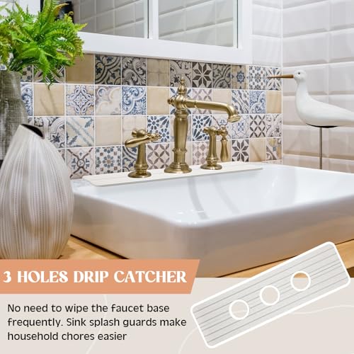 Teenyyou 3 Hole White Faucet Mat for Kitchen Sink Bathroom 16.1" x 5" Kitchen Faucet Absorbent Mat Diatomite Splash Guard Quick Drying Stone Drip Catcher Hole 2.24" Holes Spaced About 1.77 " - color: White, style: 3 Hole