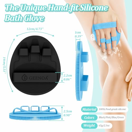 New Silicone Bath Glove with Straps, 360° Anti-Slip & Enlarged Exfoliating Body Scrubber for Rich Foaming Deep Cleaning, No-Grip & Hand-fit Shower Scrubber for All Skin Types(Black+Blue) - color: Black+blue