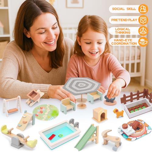 HAPGFS Wooden Doll House Furniture and Accessories Outdoor Play Set for Kids- Includes Slide, Swing, BBQ Grill, Pool & Garden - Perfect Doll House Decor Gift for Children 3-6 Years Birthday Christmas - style: Outdoor