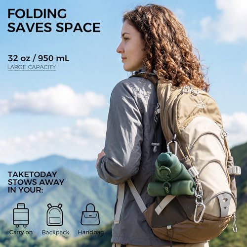 TakeToday Collapsible Water Bottles 32oz, Foldable Travel Bottle, TSA-Approved Leakproof Newly Silicone Water Bottle for Hiking, Travel, Outdoors, Green - color: Green