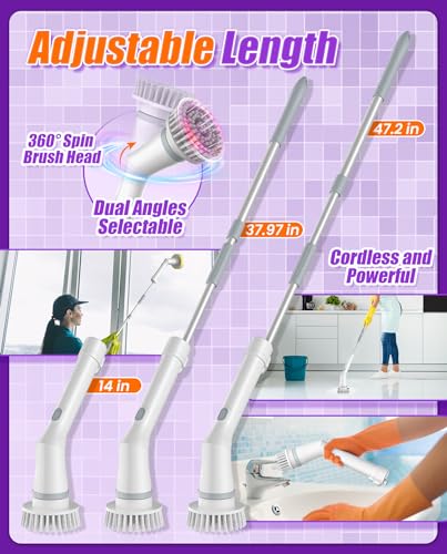 5-Head Electric Spin Scrubber, Shower Brush, Extension Handle | cordless power scrubber, adjustable reach, two speed control, IPX7 waterproof, bathroom floor, tile grout, tub edges, shower - size: 5heads