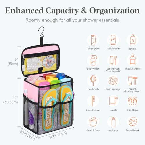 Lifewit Shower Caddy Portable, Toiletry Bag with Handle and 3 Mesh Pockets, Quick Dry Hanging Organizer for Bathroom, Gym, Travel, Camping, College Dorm Room Essentials for Women Men, Pink - color: Pink