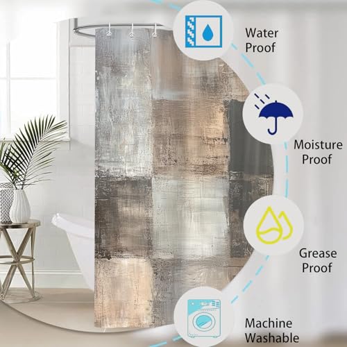 4PCS Brown Grey Abstract Shower Curtain Set, with Non-Slip Rugs, Toilet Lid Cover and Bath Mat Rustic Farmhouse Acrylic Aesthetic Unique Vintage for Bathroom Bathtub Decor Accessories, 72x72 Inch - color: Brown Grey