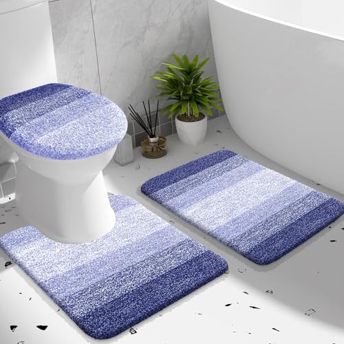 OLANLY Bathroom Rugs Sets 3 piece, Soft Microfiber Absorbent Bath Mat, U-Shaped Contour Toilet Mat and Toilet Lid Cover, Quick Dry, Machine Washable, Toilet Cover and Rug Set for Bathroom, Blue-Violet - color: Blue-violet, size: 24" X 16" + U24" X 20" + 1