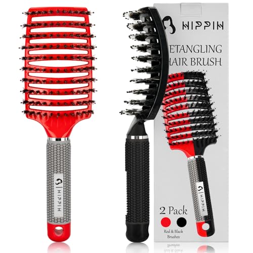 Boar Bristle Hair Brush Set of 2, HIPPIH Wet & Dry Hair Brushes Made by Fine Natural Boar Hair Can Adds Shine and Smoothing, Detangling Hairbrush for Women, Men & Kids' Long Curly Thick Hair - color: Black & Red