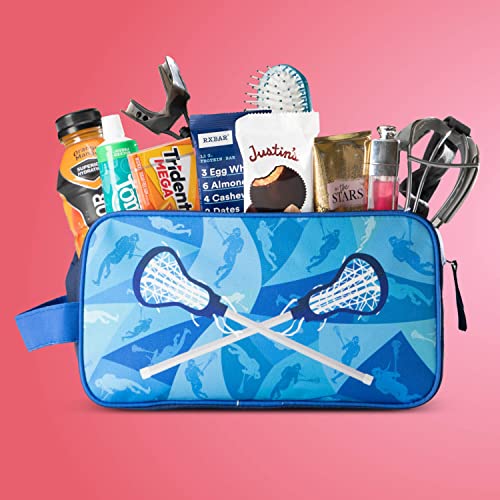 ChalkTalkSPORTS Girls Lacrosse Toiletry Bag - Eat Sleep Lacrosse - Blue | Polyester, Center Zipper, Side Handle, 11 x 6 x 5 Inches, Sports Camp Bag, Makeup Bag, Makeup Pouch, Lacrosse Gift - color: Love Lax